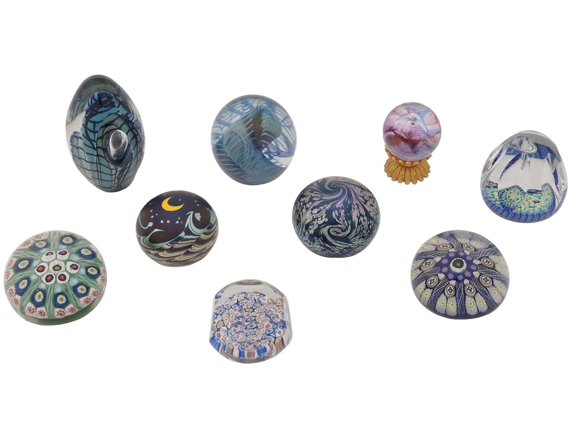 GROUP OF NINE HAND MADE ART GLASS PAPER WEIGHTS PIC-0